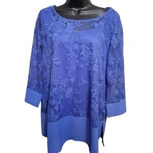 Nina Leonard Shirt XL Blue Floral Lace Blouse layered Feminine Elegant Top